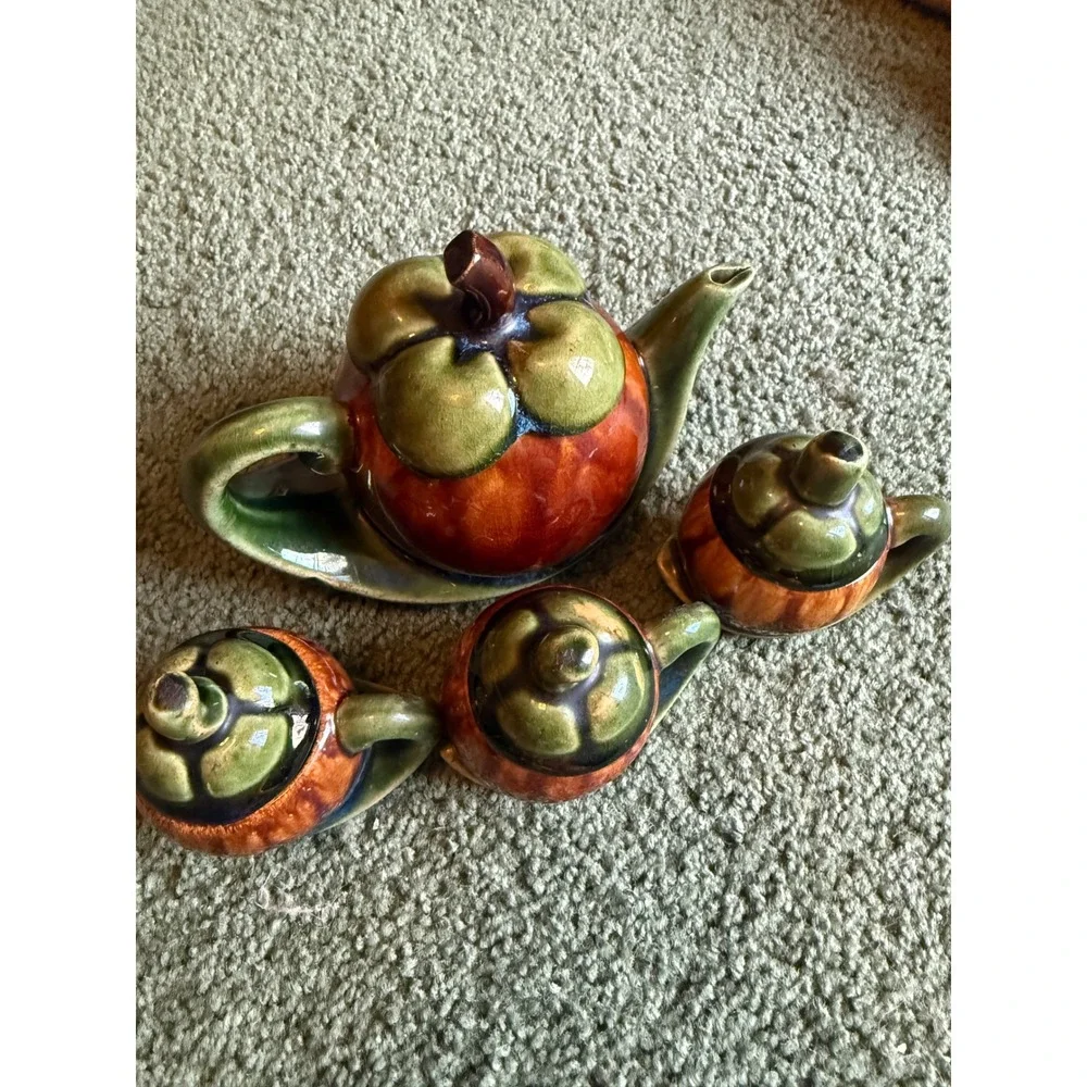 Vintage Mangosteen Ceramic Tea Set Teapot and 3 Lidded Cups Fruit Design Glazed